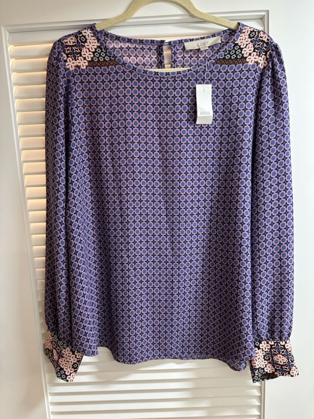 NWT LOFT Purple Geometric & Floral-Trim Long Sleeve Blouse - Picture 7 of 7